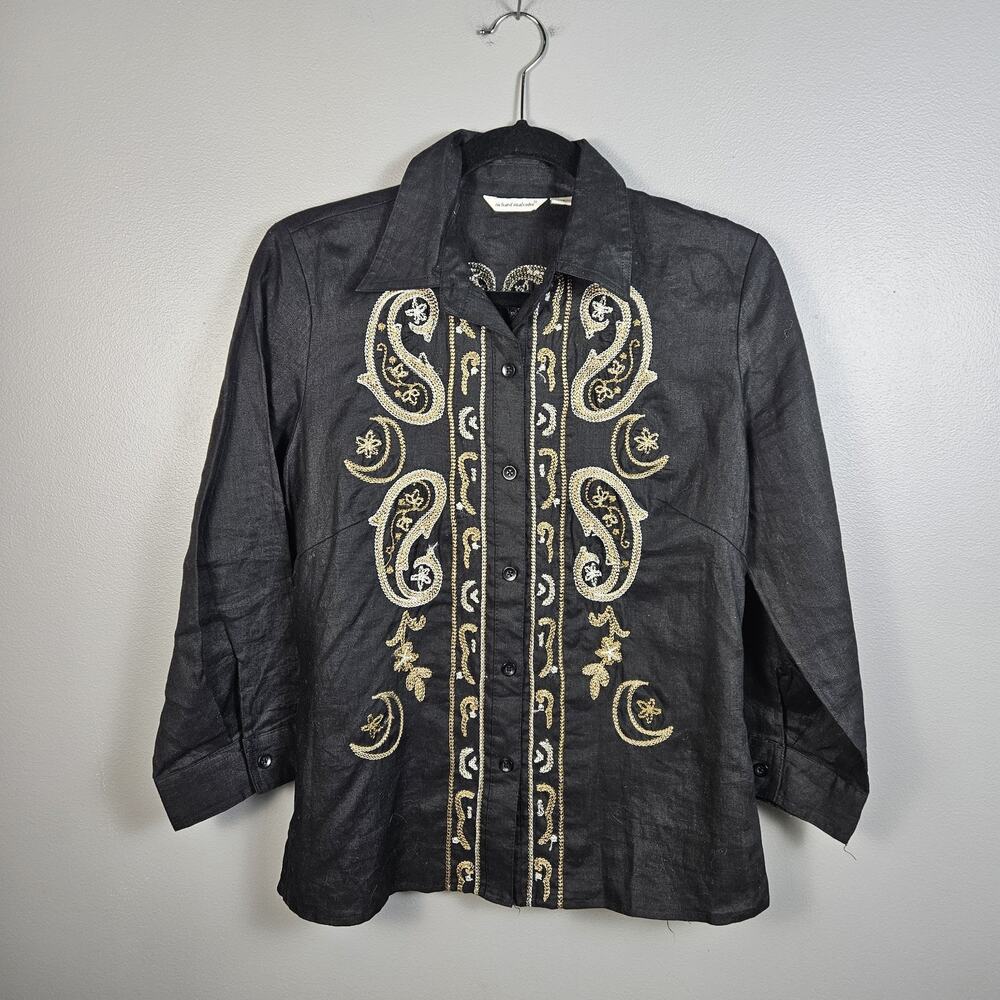 Richard Malcolm Linen Embroidered Paisley Button‎ Shirt Black Gold Women's M